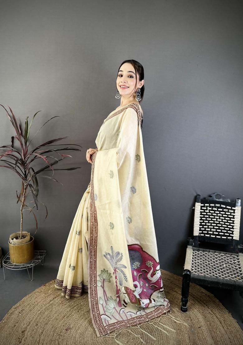 Cream Weaving Work Cotton Saree Set - Indya