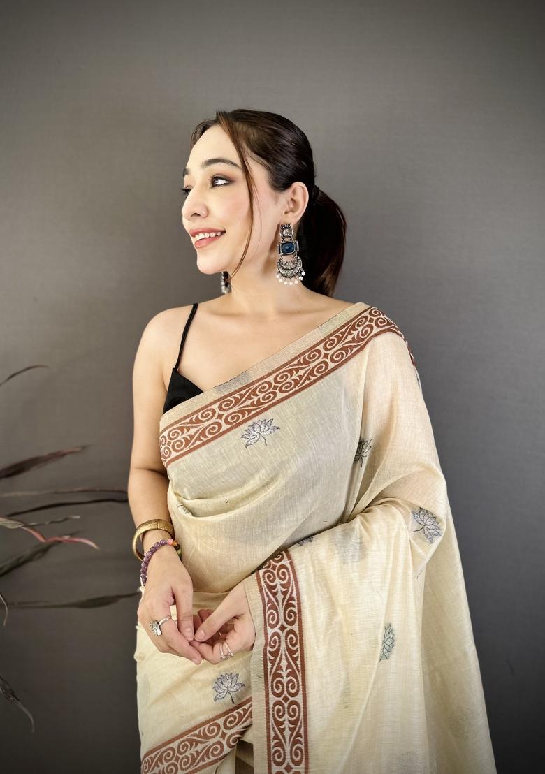 Cream Weaving Work Cotton Saree Set - Indya
