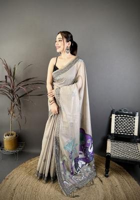 Grey Weaving Work Cotton Saree Set