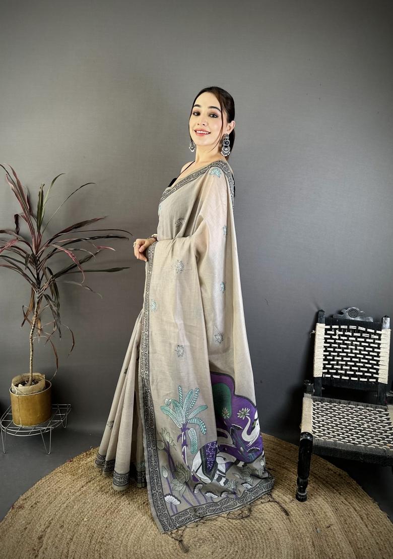 Grey Weaving Work Cotton Saree Set - Indya
