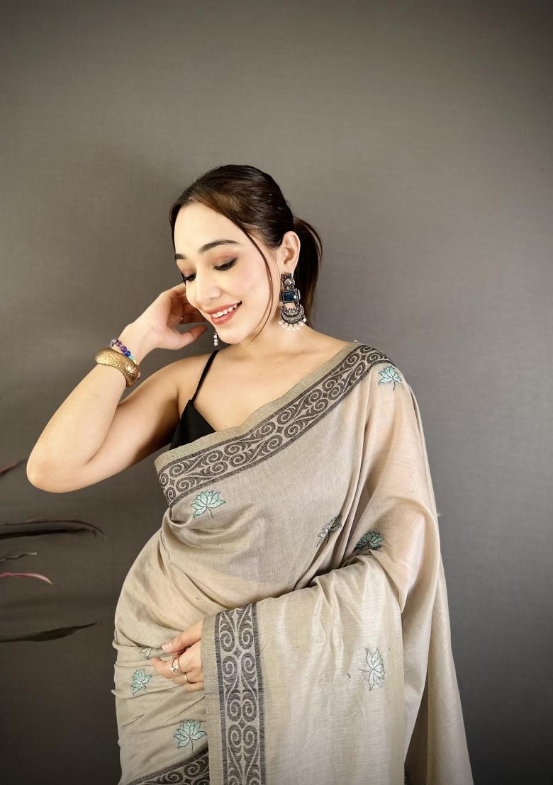 Grey Weaving Work Cotton Saree Set - Indya