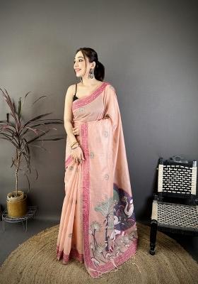 Pink Weaving Work Cotton Saree Set