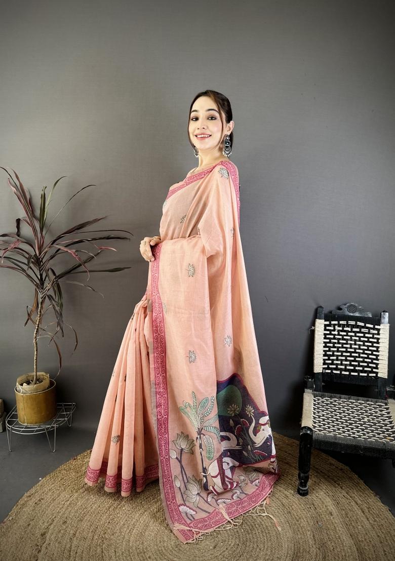 Pink Weaving Work Cotton Saree Set - Indya