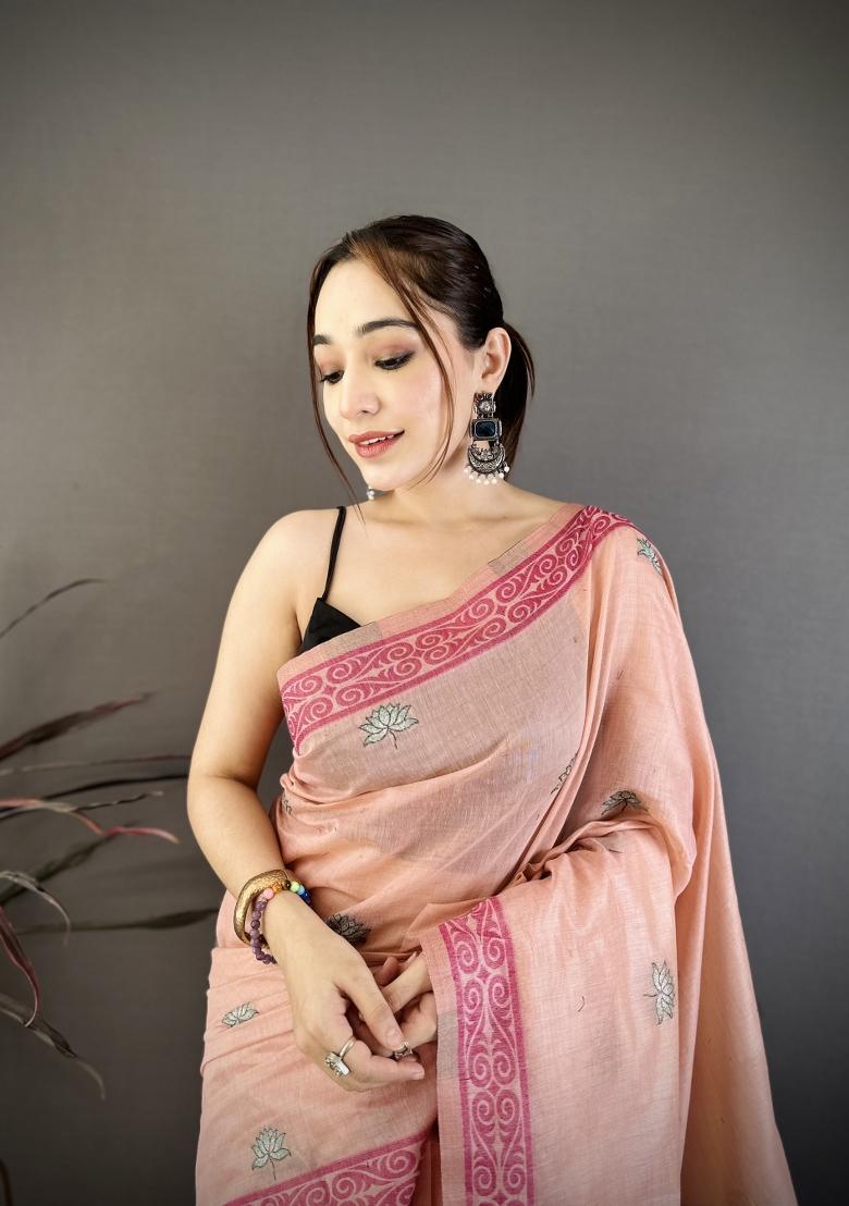 Pink Weaving Work Cotton Saree Set - Indya