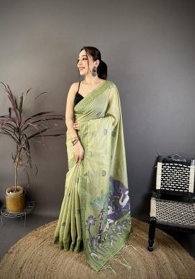 Pista Weaving Work Cotton Saree Set