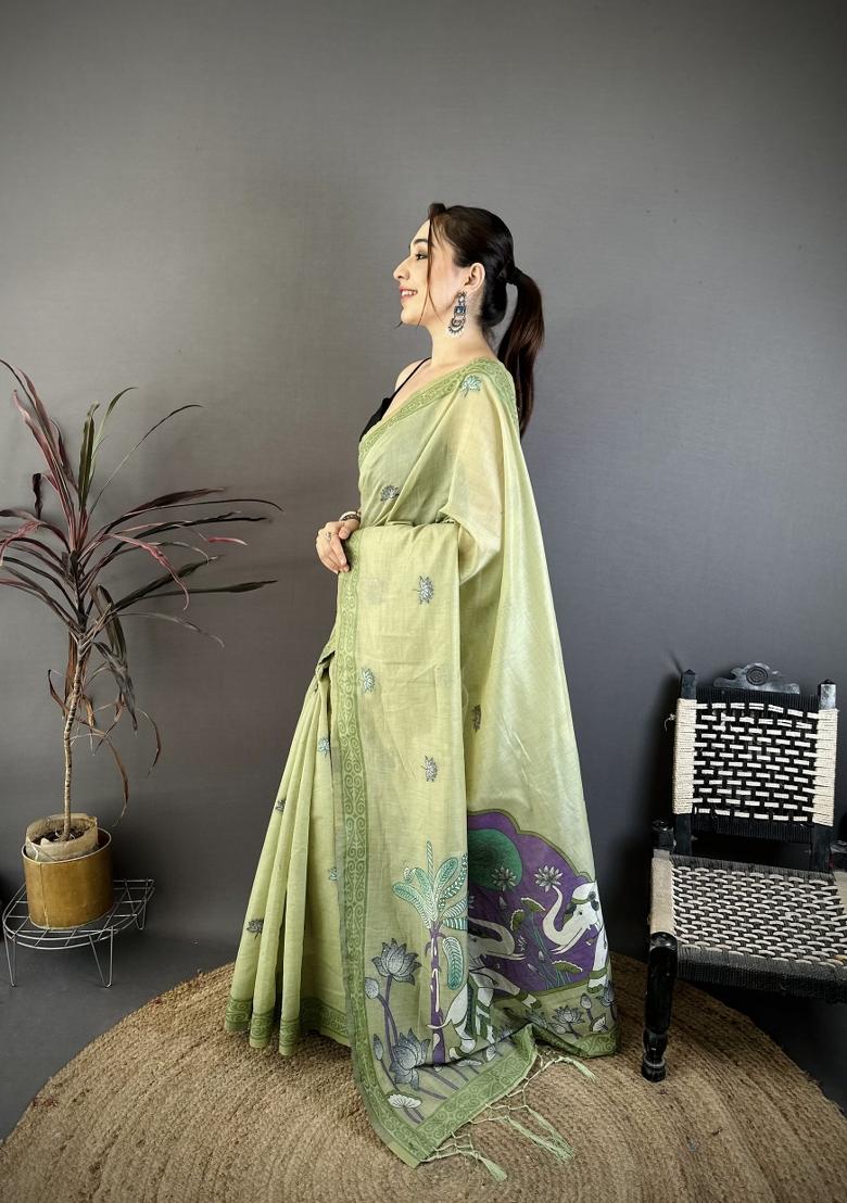 Pista Weaving Work Cotton Saree Set - Indya