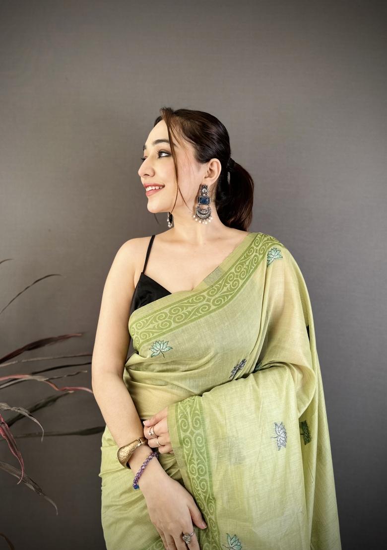 Pista Weaving Work Cotton Saree Set - Indya