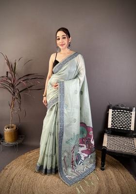 Sky Blue Weaving Work Cotton Saree Set