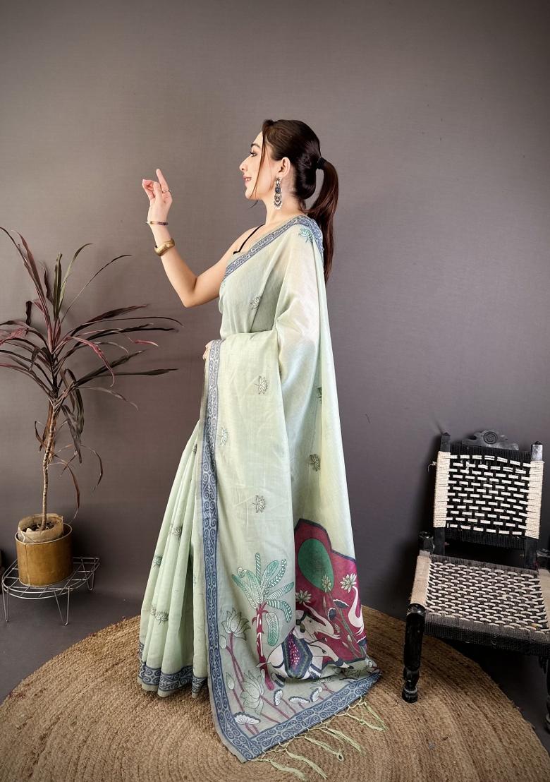 Sky Blue Weaving Work Cotton Saree Set - Indya
