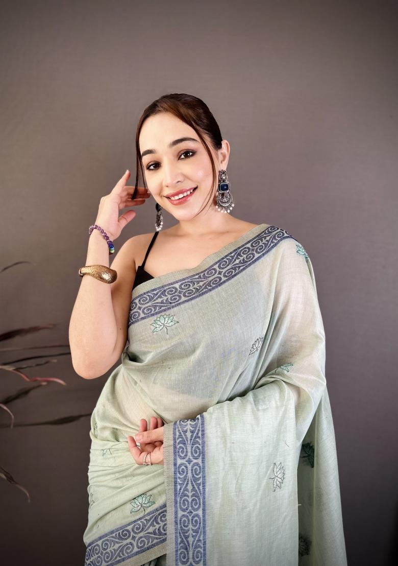 Sky Blue Weaving Work Cotton Saree Set - Indya