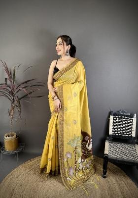 Yellow Weaving Work Cotton Saree Set