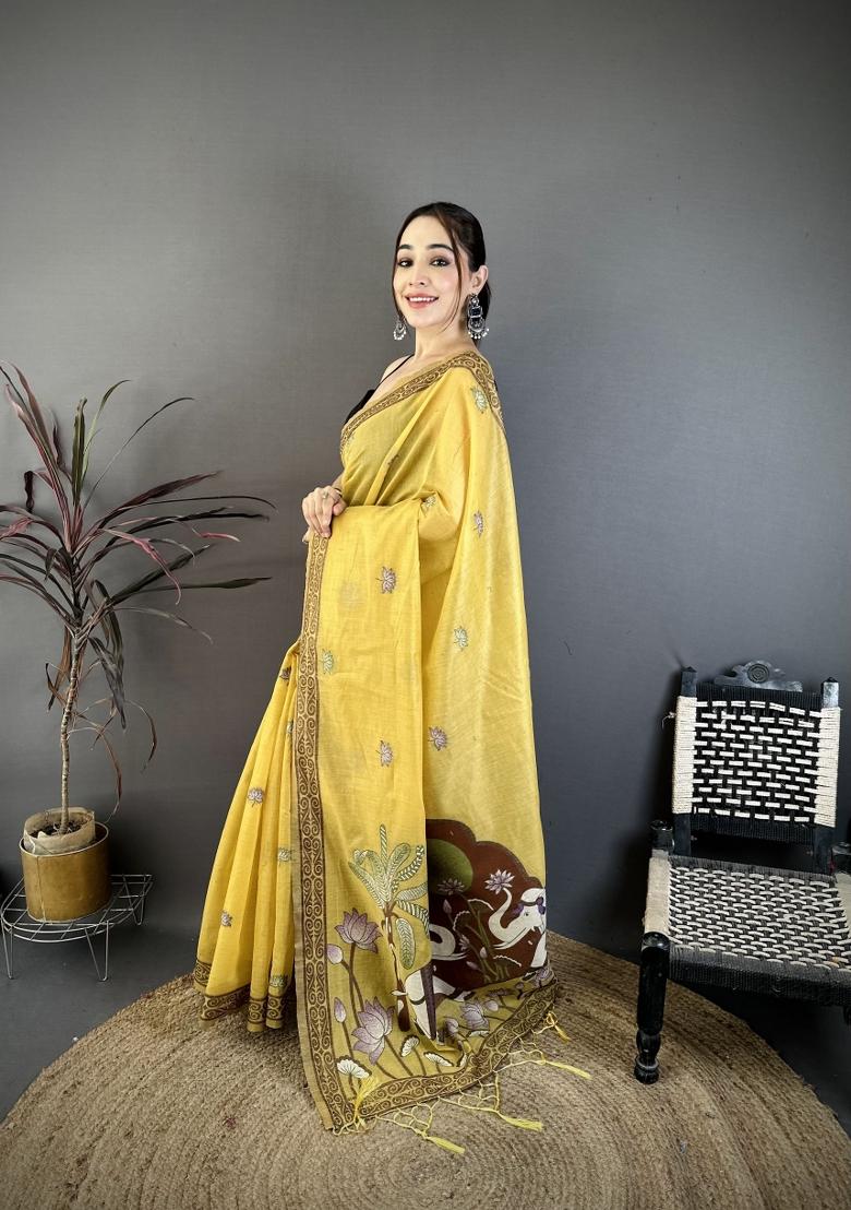 Yellow Weaving Work Cotton Saree Set - Indya