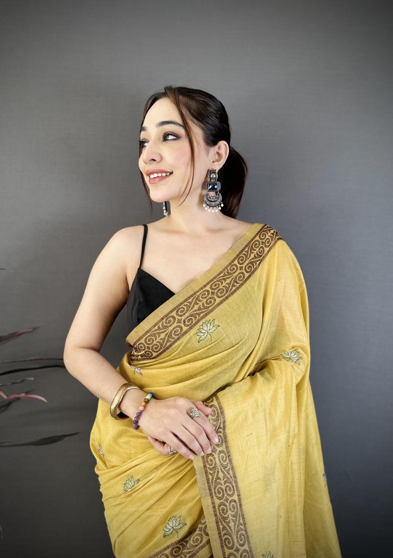 Yellow Weaving Work Cotton Saree Set - Indya