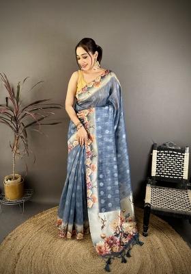 Blue Floral Print Cotton Saree Set