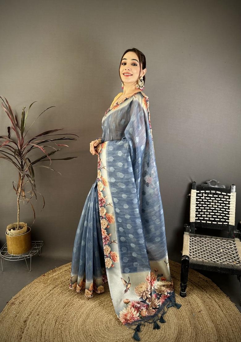 Blue Floral Print Cotton Saree Set - Indya