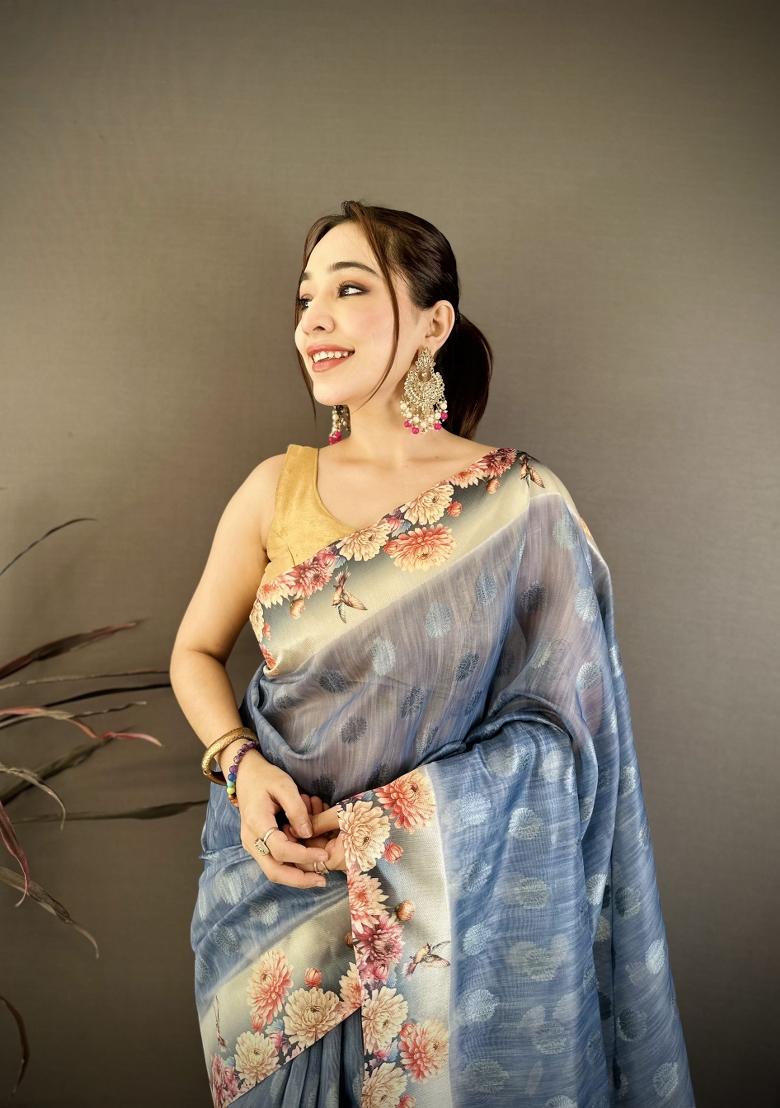 Blue Floral Print Cotton Saree Set - Indya