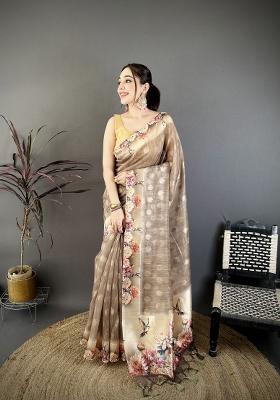 Brown Floral Print Cotton Saree Set