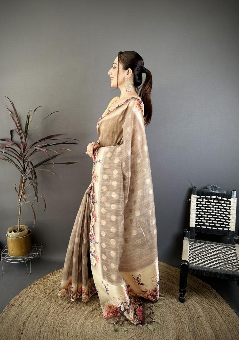 Brown Floral Print Cotton Saree Set - Indya