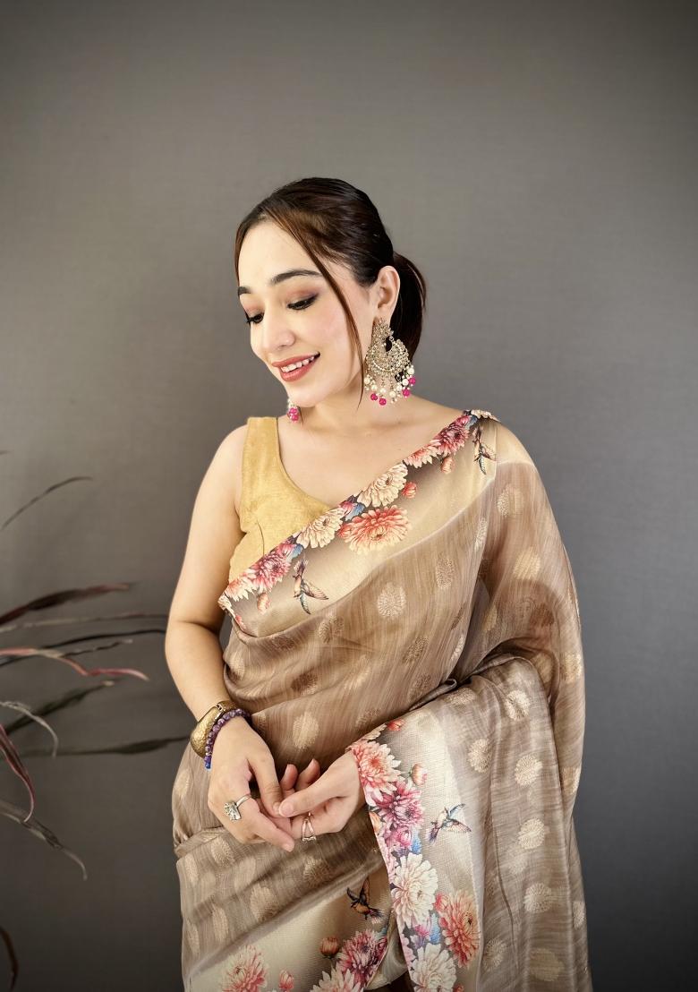 Brown Floral Print Cotton Saree Set - Indya