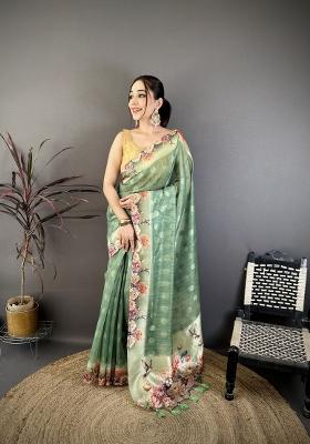 Green Floral Print Cotton Saree Set