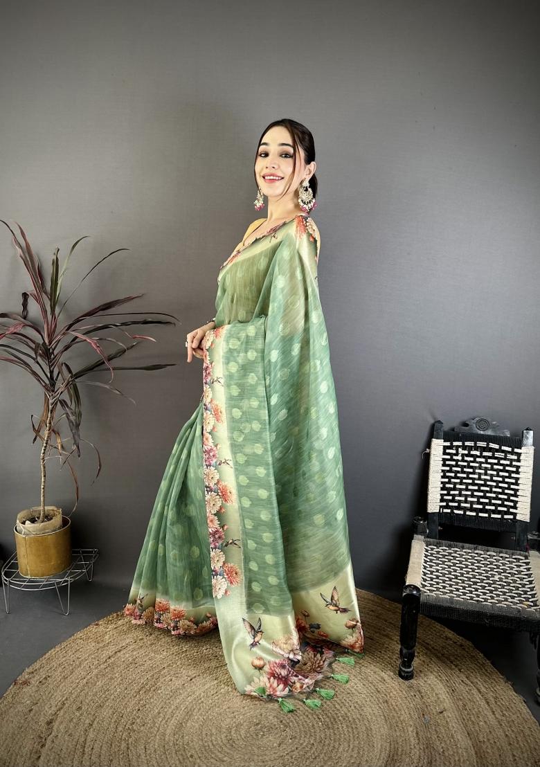 Green Floral Print Cotton Saree Set - Indya