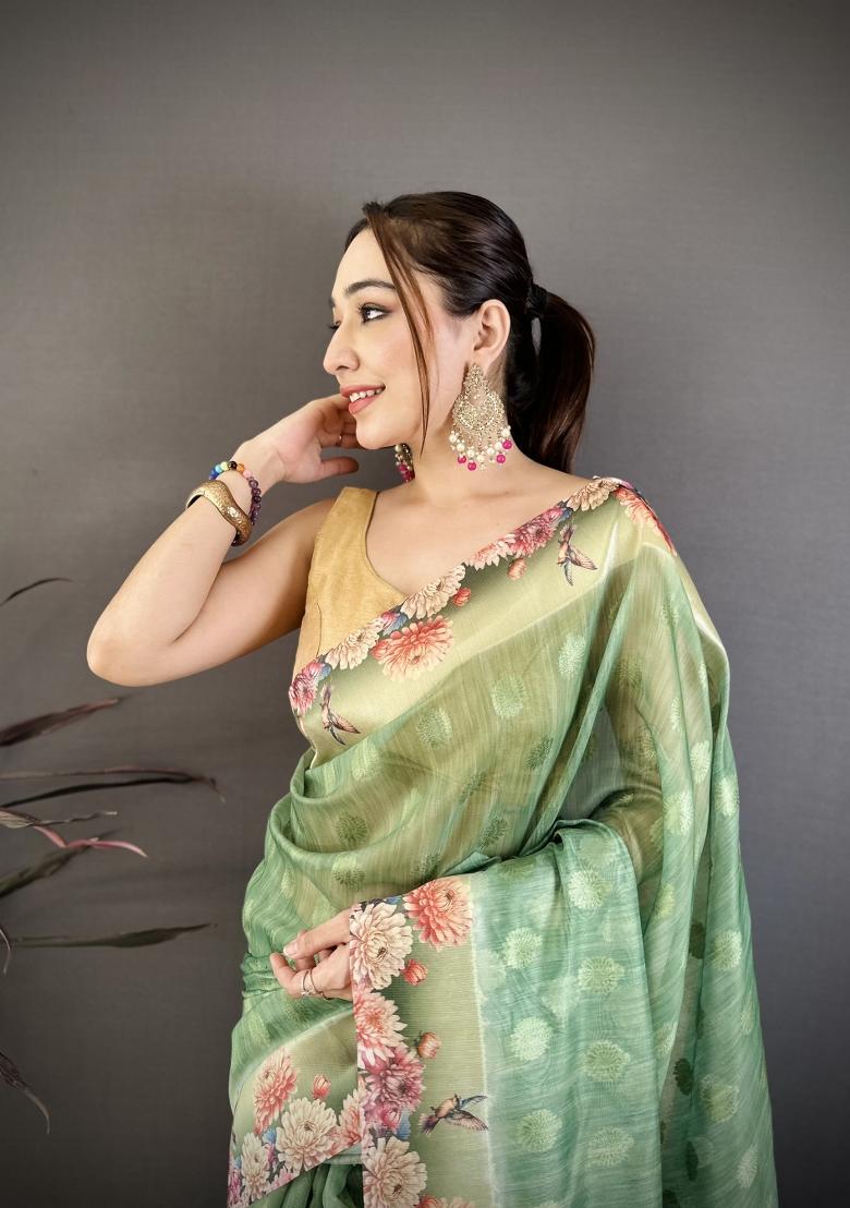 Green Floral Print Cotton Saree Set - Indya