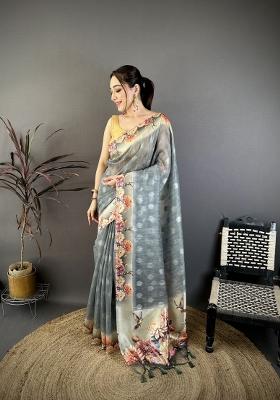 Grey Floral Print Cotton Saree Set