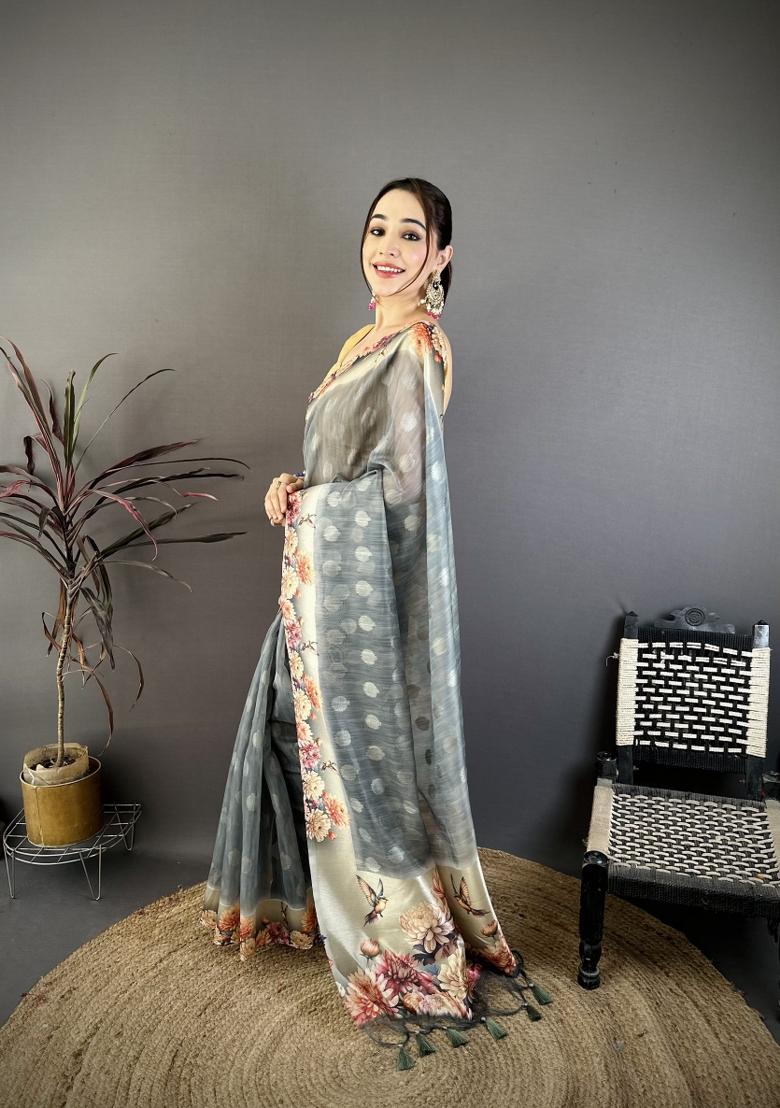 Grey Floral Print Cotton Saree Set - Indya