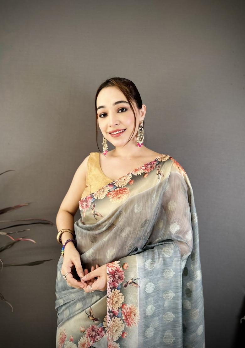 Grey Floral Print Cotton Saree Set - Indya