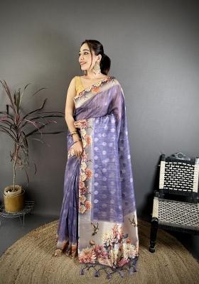 Lavender Floral Print Cotton Saree Set