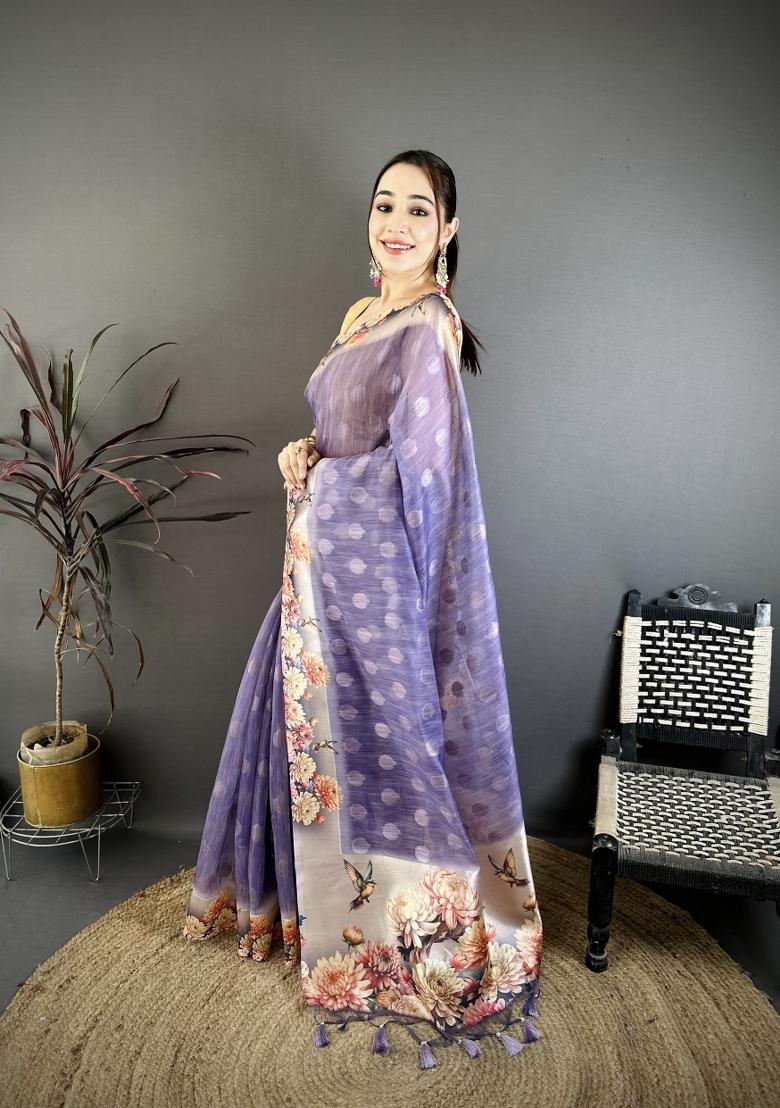 Lavender Floral Print Cotton Saree Set - Indya
