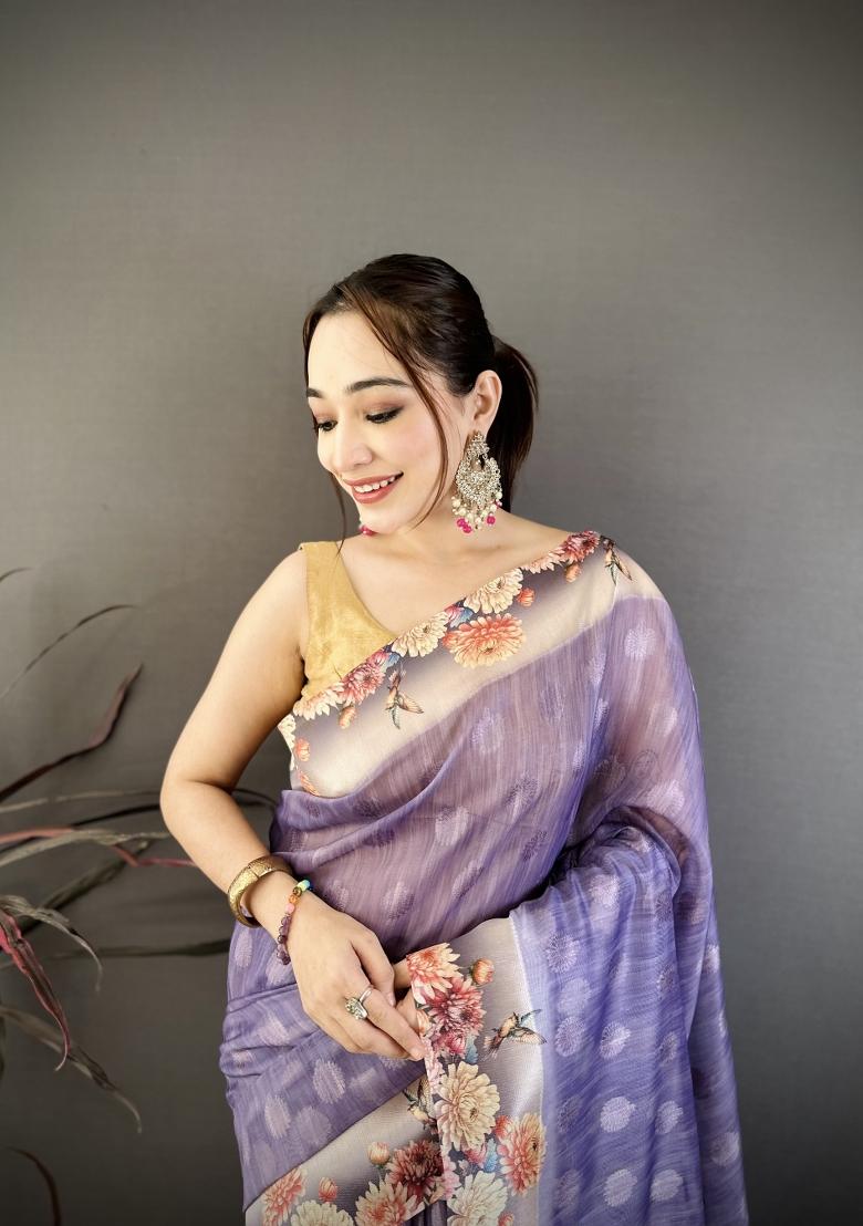 Lavender Floral Print Cotton Saree Set - Indya