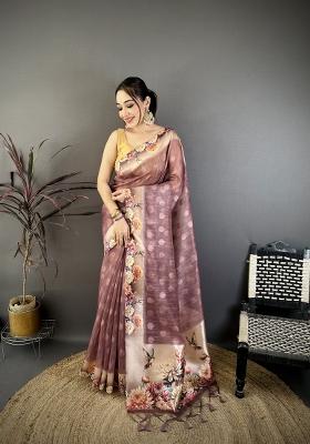 Mauve Floral Print Cotton Saree Set