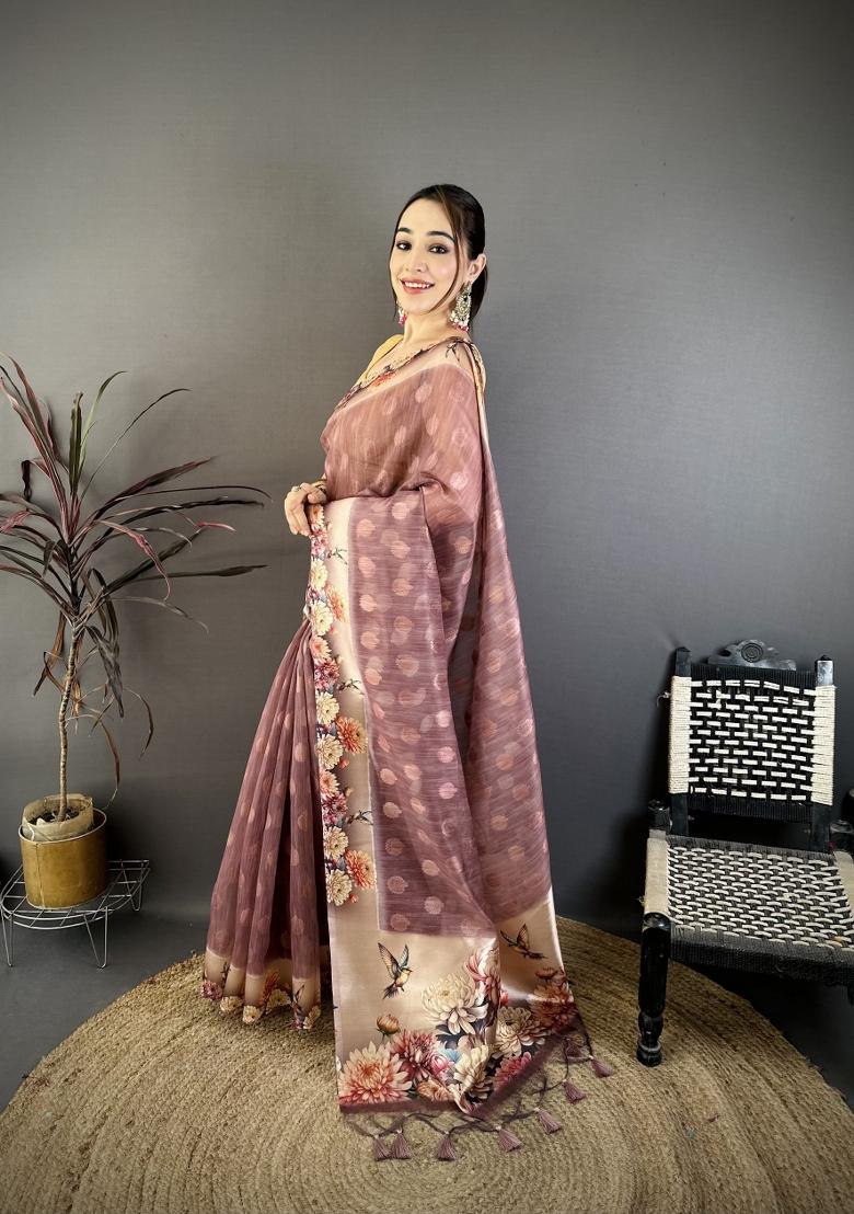 Mauve Floral Print Cotton Saree Set - Indya