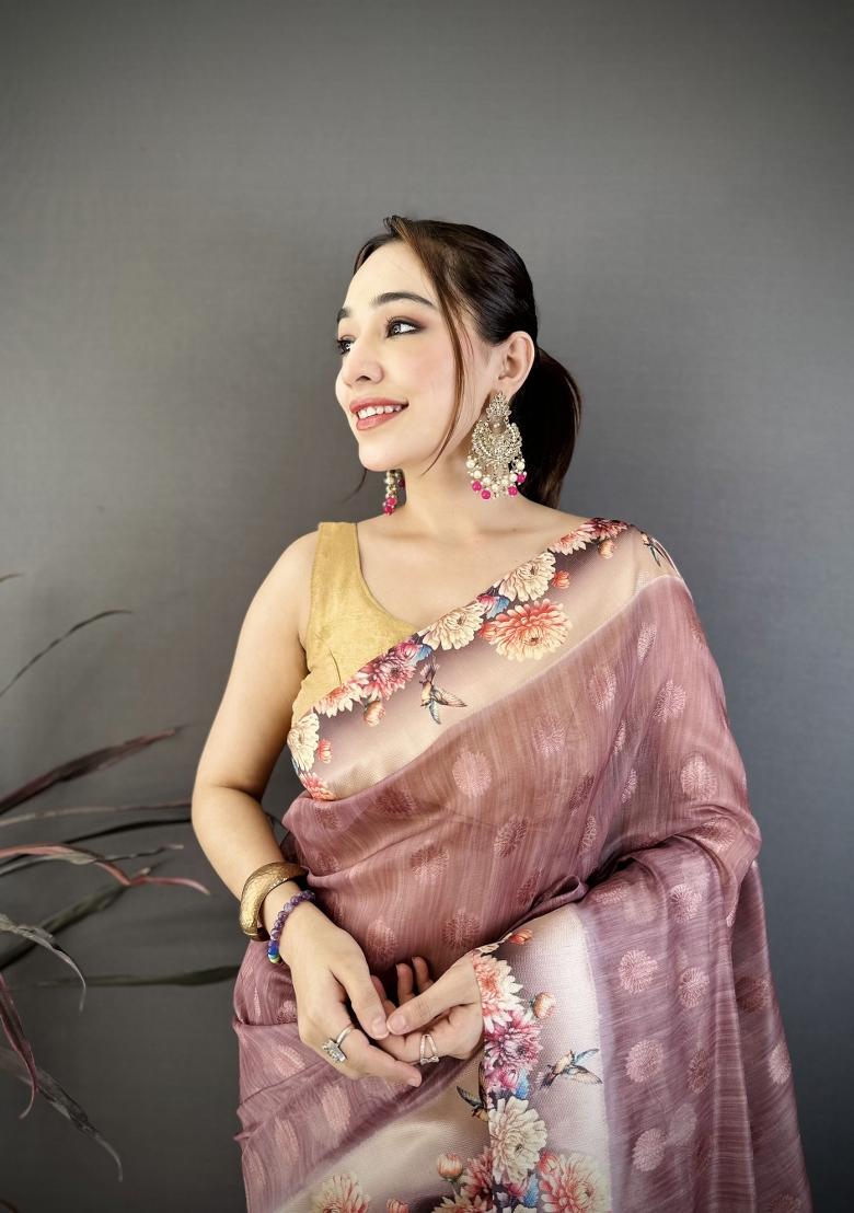 Mauve Floral Print Cotton Saree Set - Indya