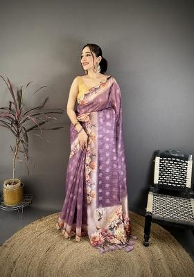 Purple Floral Print Cotton Saree Set