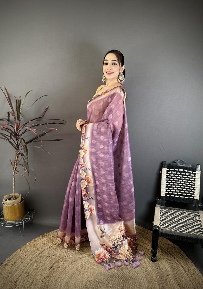 Purple Floral Print Cotton Saree Set - Indya