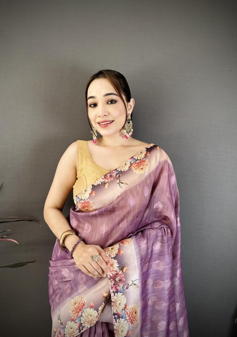 Purple Floral Print Cotton Saree Set - Indya