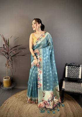 Sky Blue Floral Print Cotton Saree Set