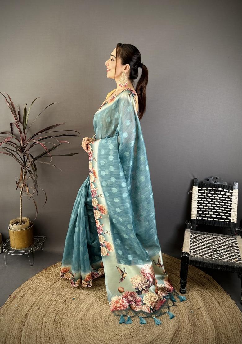 Sky Blue Floral Print Cotton Saree Set - Indya