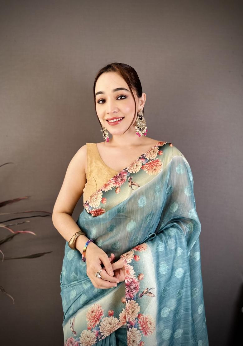 Sky Blue Floral Print Cotton Saree Set - Indya