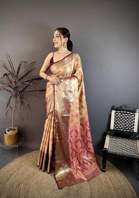 Beige Zari Work Silk Saree Set