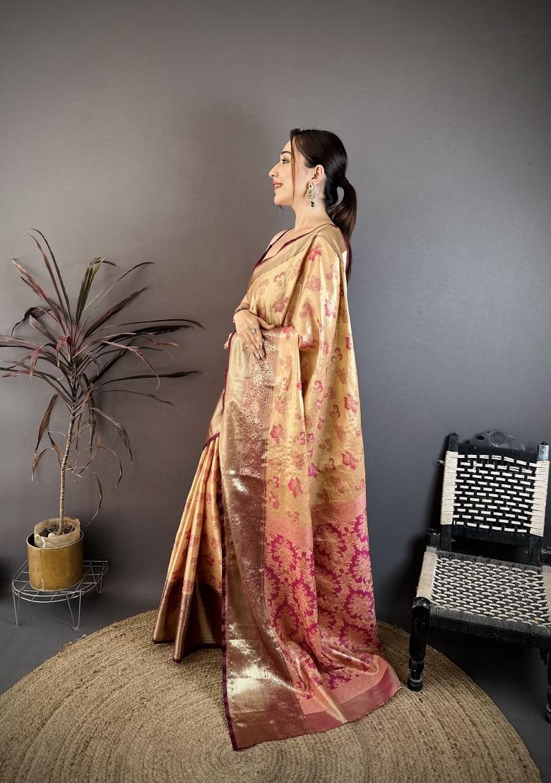 Beige Zari Work Silk Saree Set - Indya