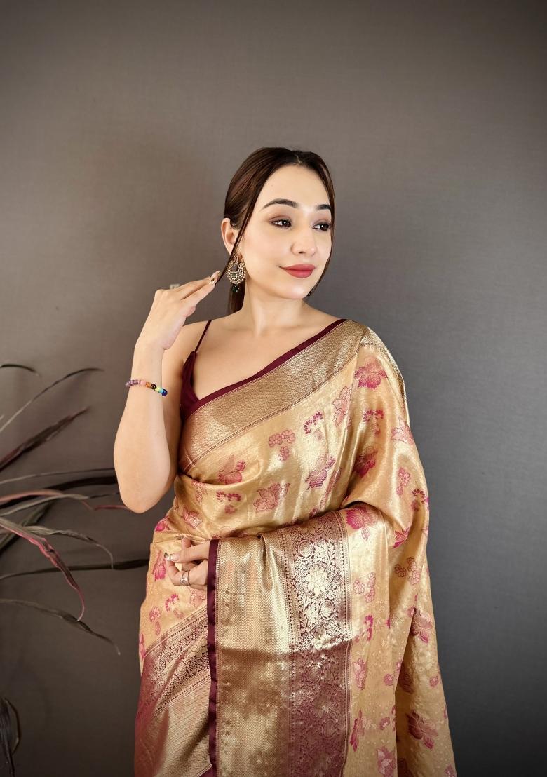 Beige Zari Work Silk Saree Set - Indya