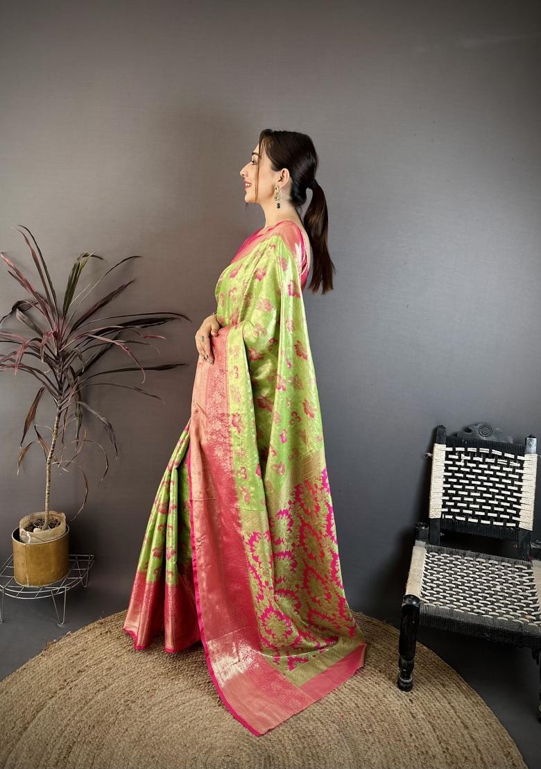 Green Zari Work Silk Saree Set - Indya