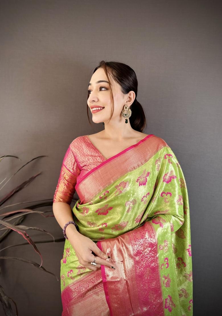 Green Zari Work Silk Saree Set - Indya