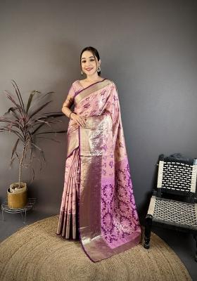 Light Pink Zari Work Silk Saree Set