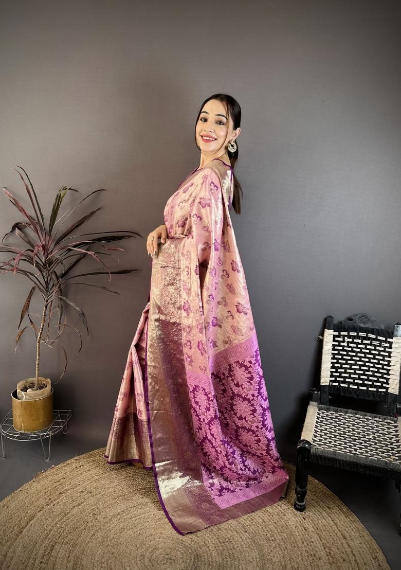 Light Pink Zari Work Silk Saree Set - Indya