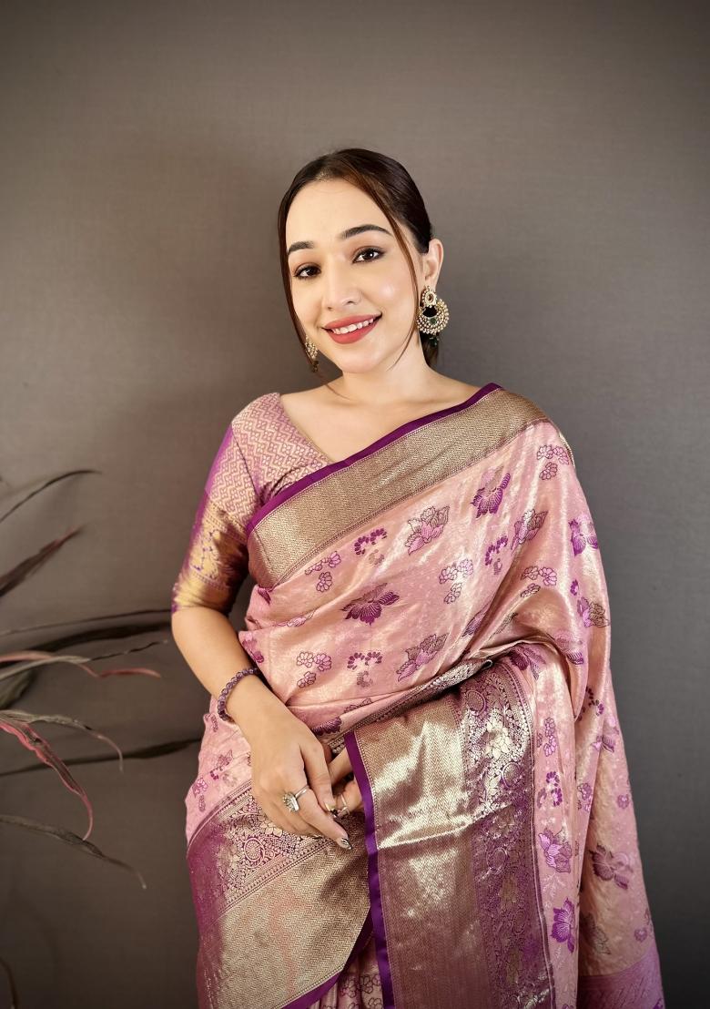 Light Pink Zari Work Silk Saree Set - Indya