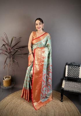 Sea Green Zari Work Silk Saree Set